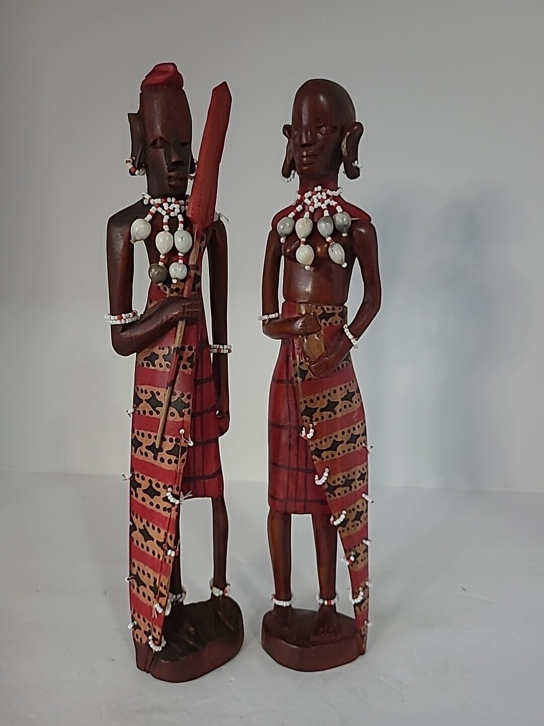 Vintage Hand Carved Ebony Wood Sculptured African Tribal Man & Woman Figurines