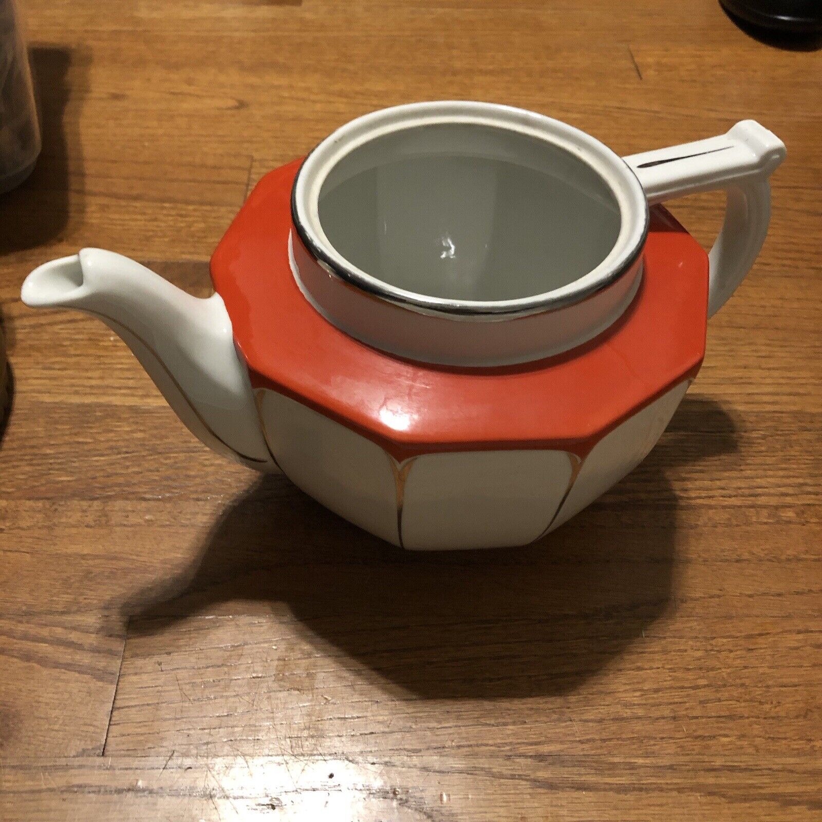 Vintage Hall Kitchenware~ White Silver Orange~Hexagon Tea Pot Made in USA