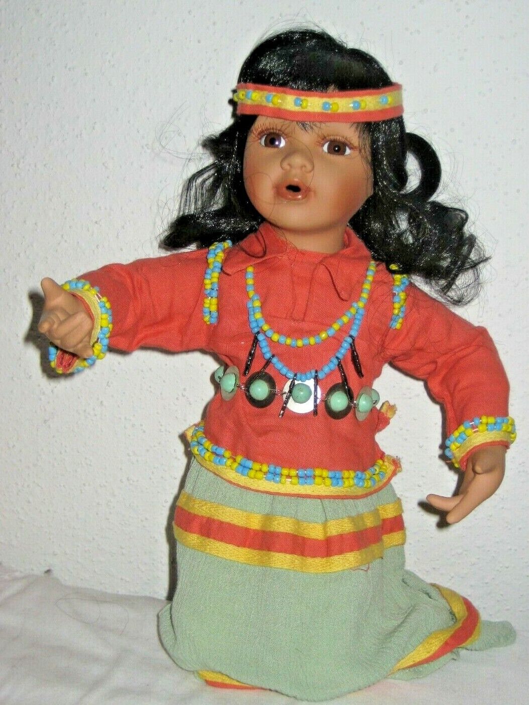 Southwest Indigenous Girl Doll, Brown Eyes, Wearing Jewelry, Head Band and Belt