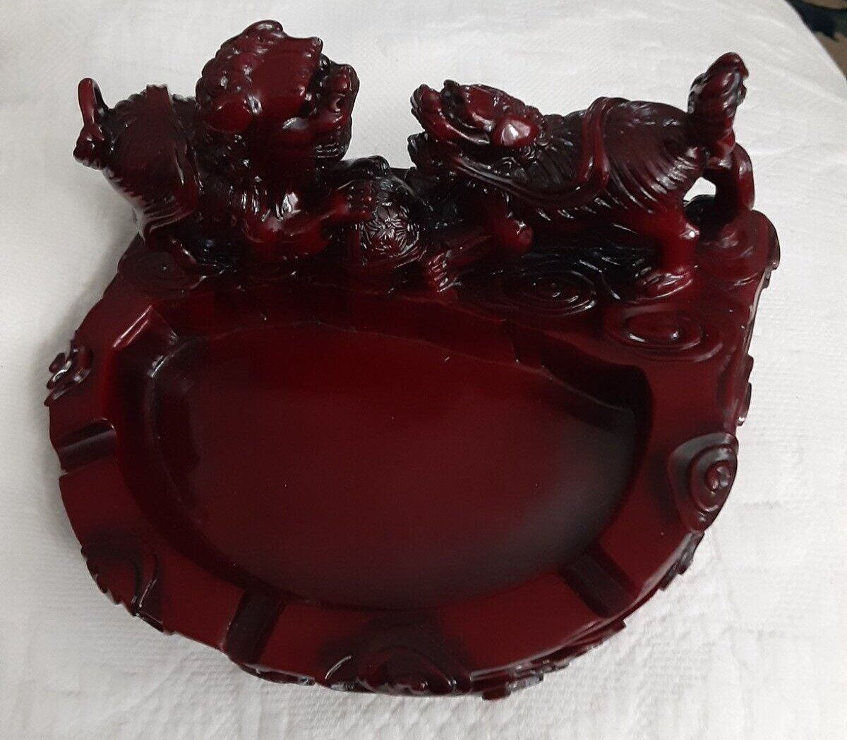 Vintage Rosewood Pixiu Ashtray Decorative Piece Deep Red Asian Influence Dragons