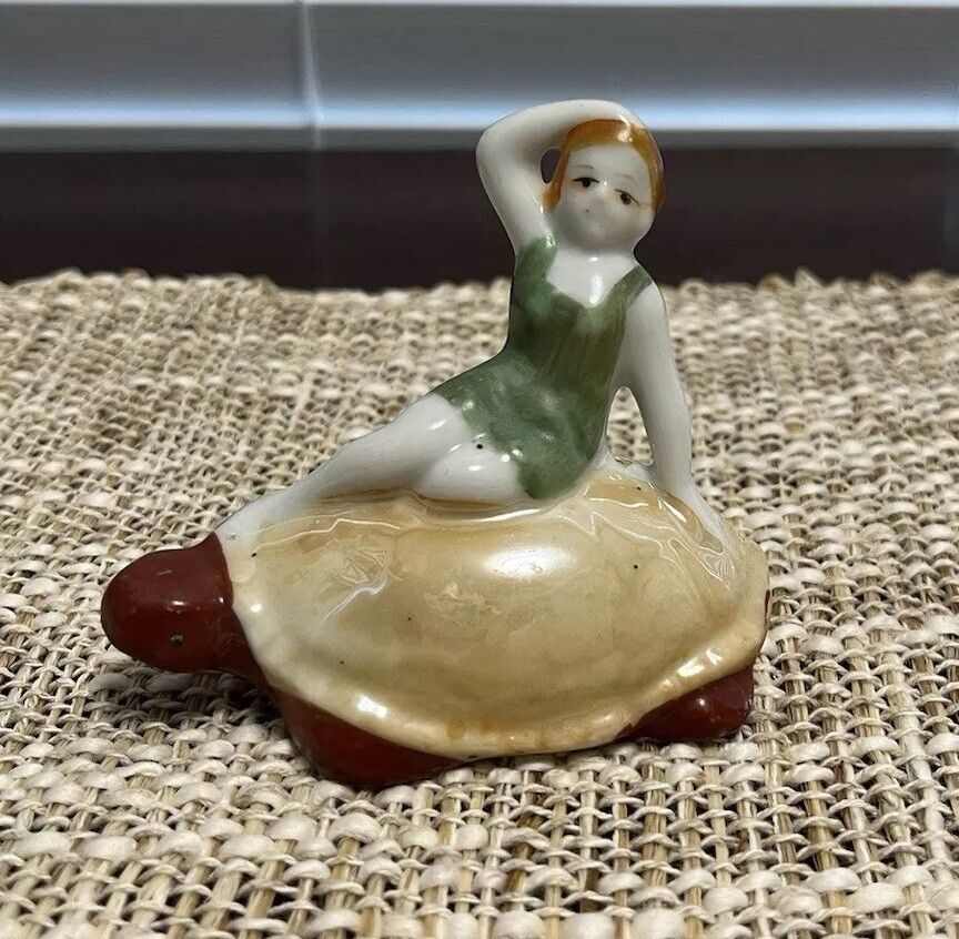 Vintage Bathing Beauty Bathing Suit Girl on Turtle Ceramic Figurine Japan