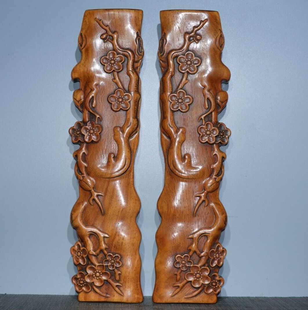 29cm natural rosewood huali wood carved plum blossom pair Stationery Paperweight