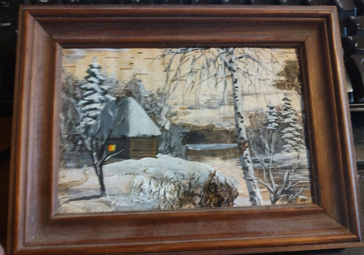 Miniature Birch Bark Painting Russian Folk Art Winter Framed 3D Textured 4.5