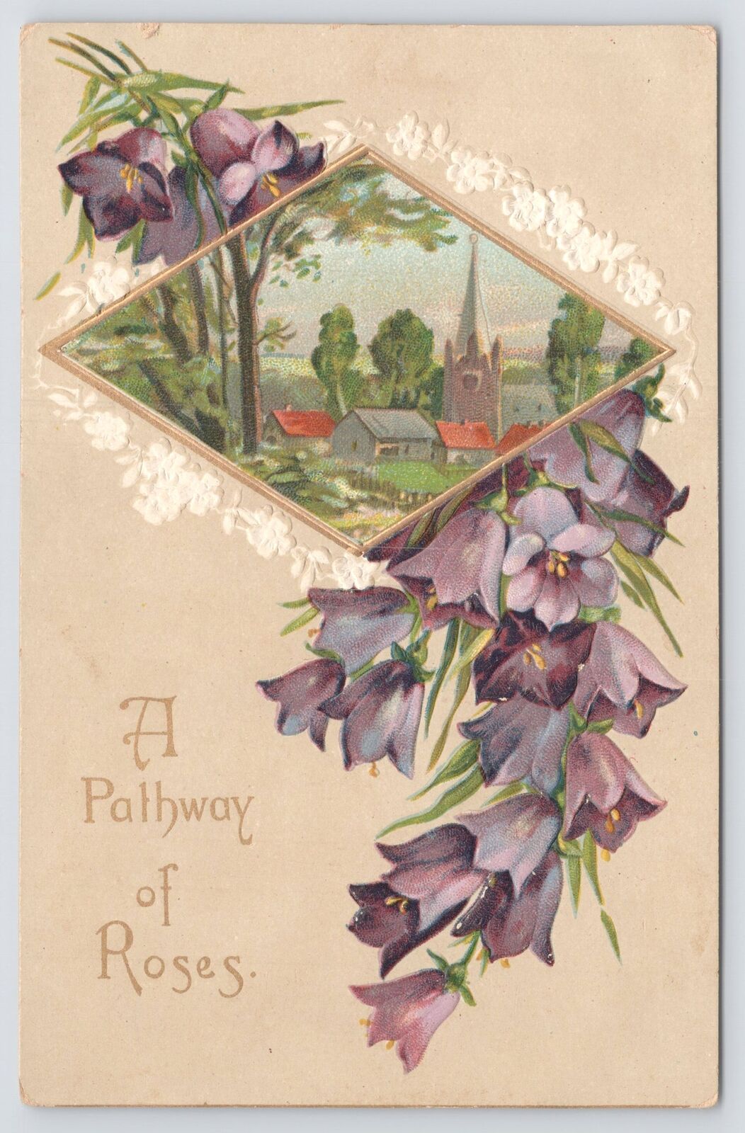 SB 1280~A Pathway Of Roses~Village~Purple Flower Vine Behind Scenery~Emb~Vtg PC