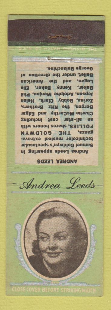 Matchbook Cover - 1930\'s Diamond Movie Stars Andrea Leeds GREEN