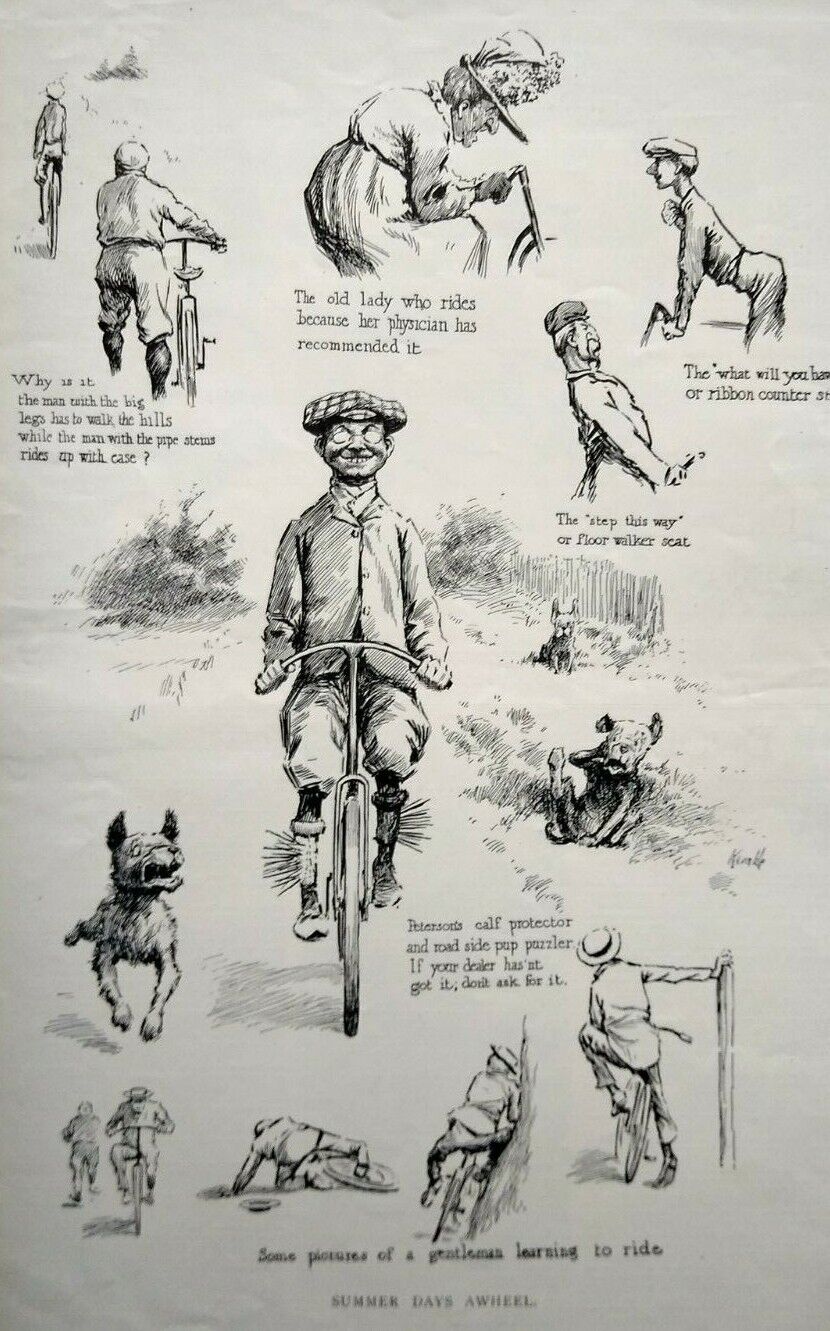 1900 Antique Bicycle Cartoon Art Edward Kemble Magazine Print