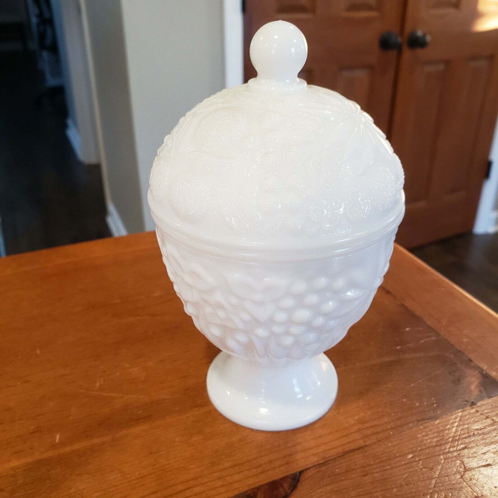 Covered Candy Dish Opaque White Milk Glass Embossed Floral Compote Vintage Avon