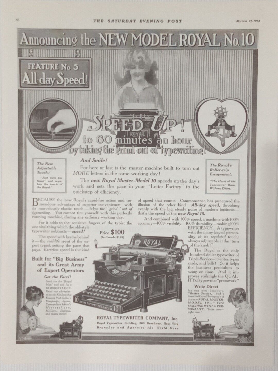 1914 Royal Typewriter No. 10 Saturday Evening Post Print Ad Secretary Typists