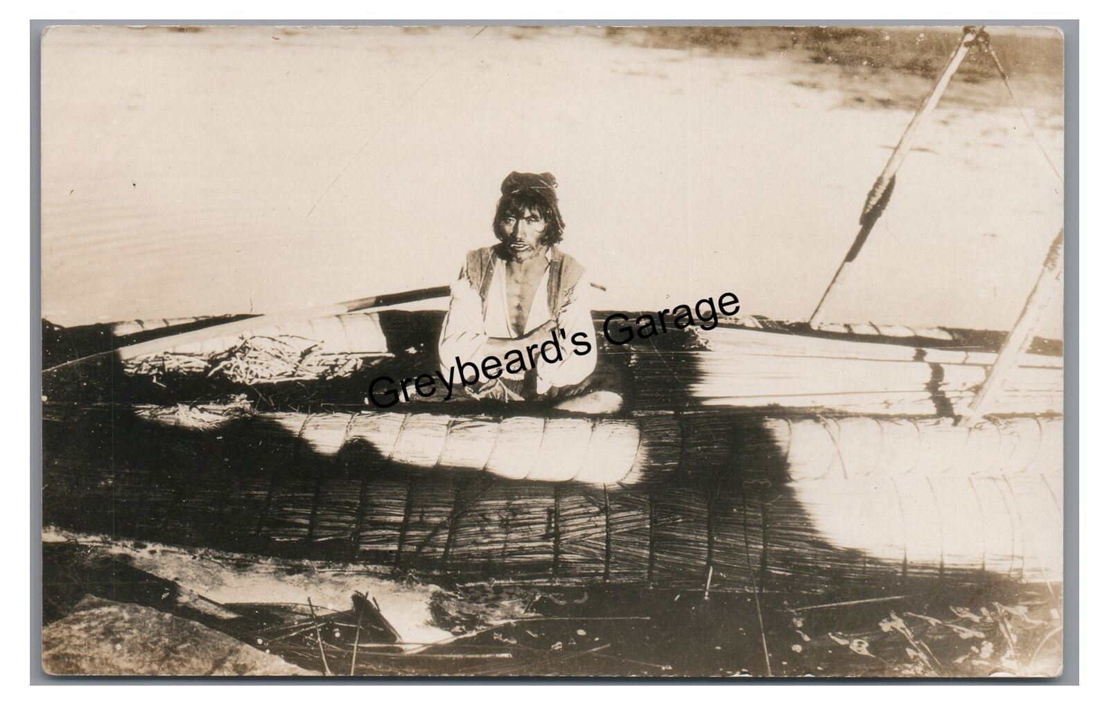 RPPC Ethnic Native in Primitive Canoe Vintage Real Photo Postcard