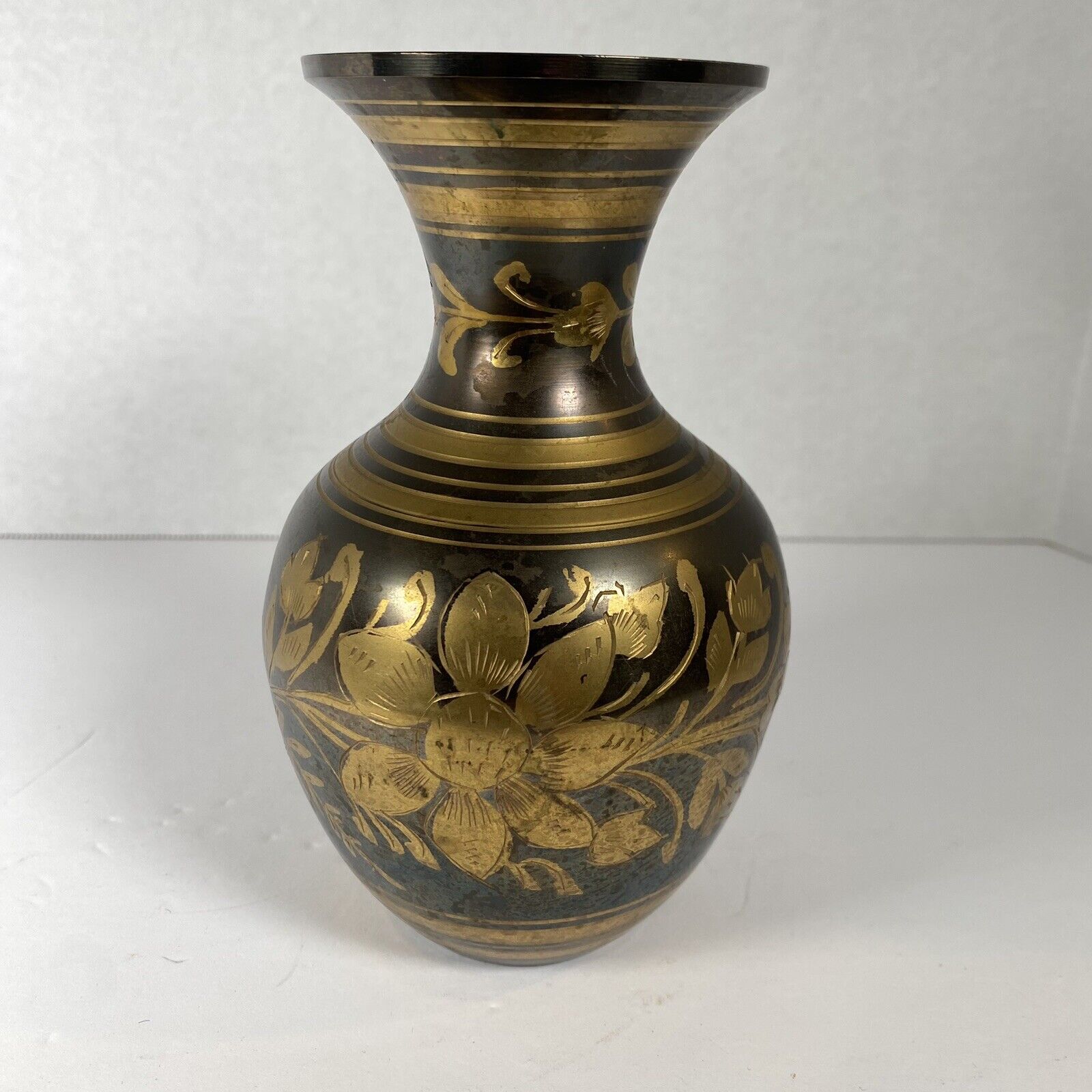 Vintage Solid Brass Floral Etched Vase Handmade in India 7” Tall