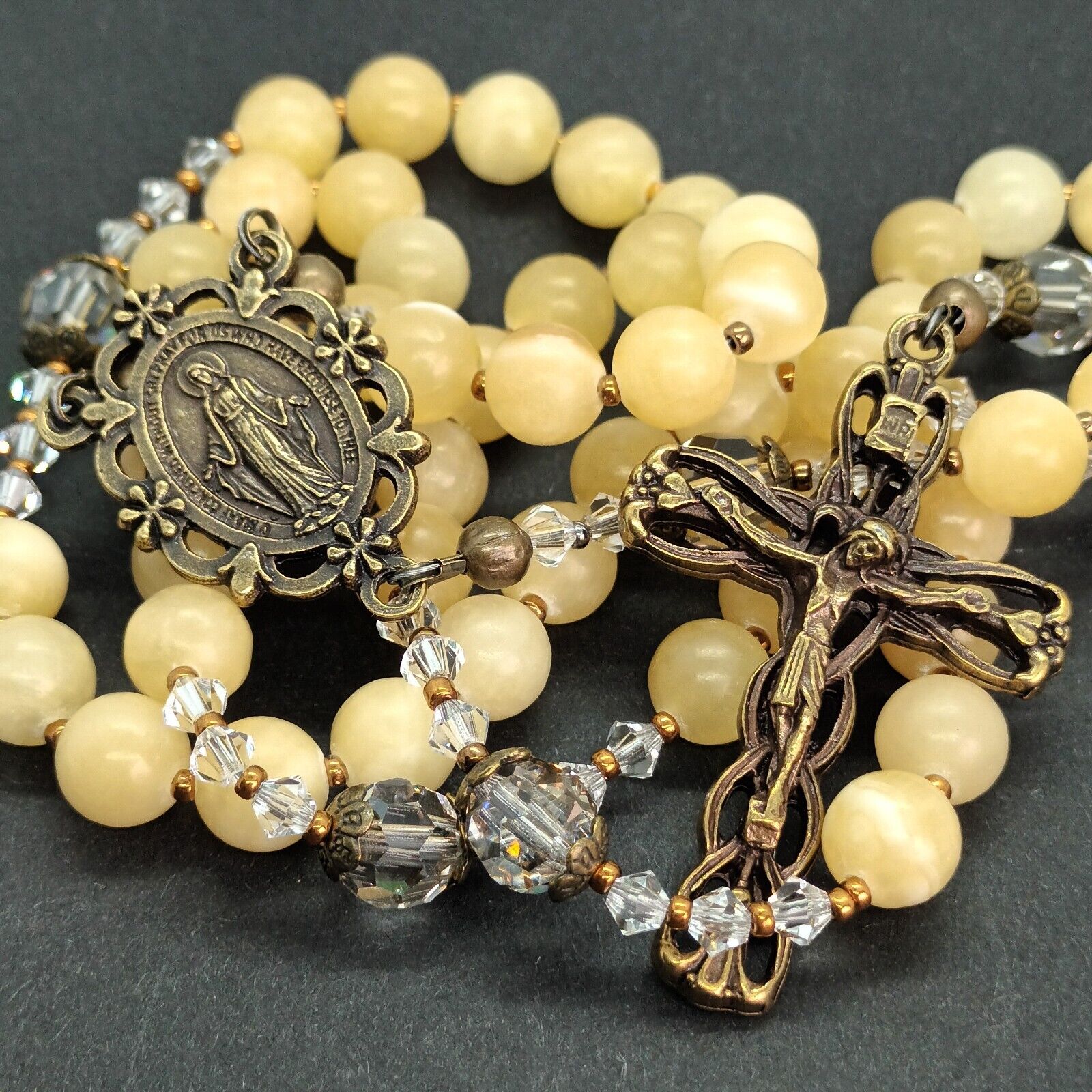 Handmade natural honey jade yellow rosary with Italian bronze crucifix and centr