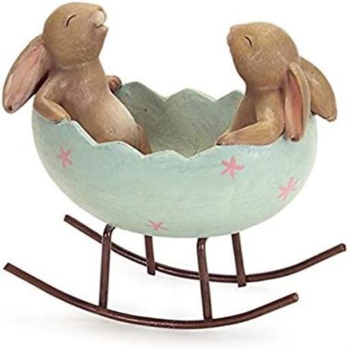 Laughing Bunny Rabbits Rocking in Easter Egg Figurine Statue Bunnies in a Cradle