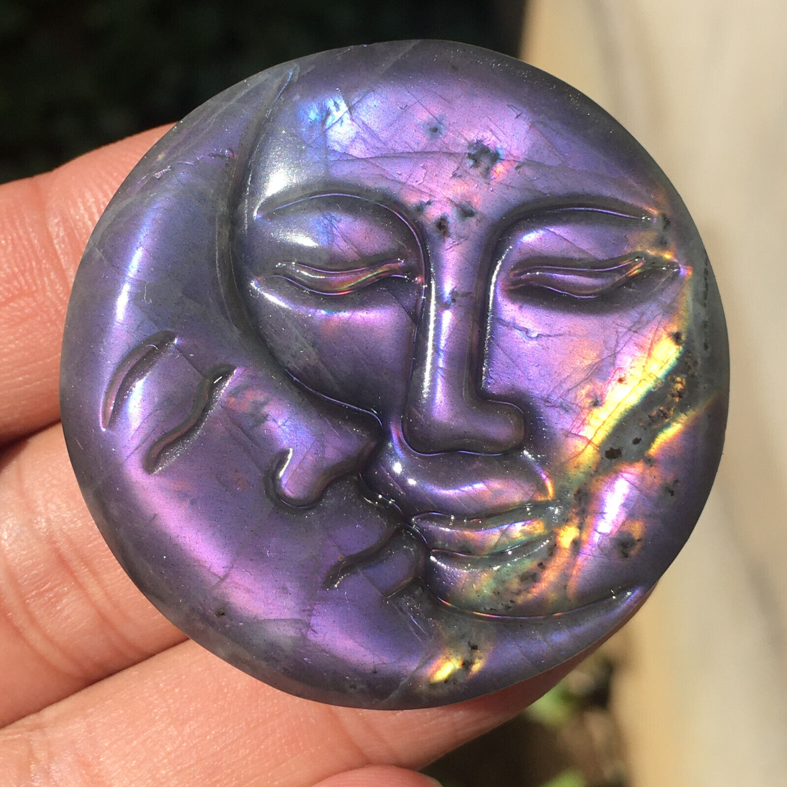 Natural Purple Labradorite Quartz Hand carved Sun Moon Crystal Reiki healing 1pc