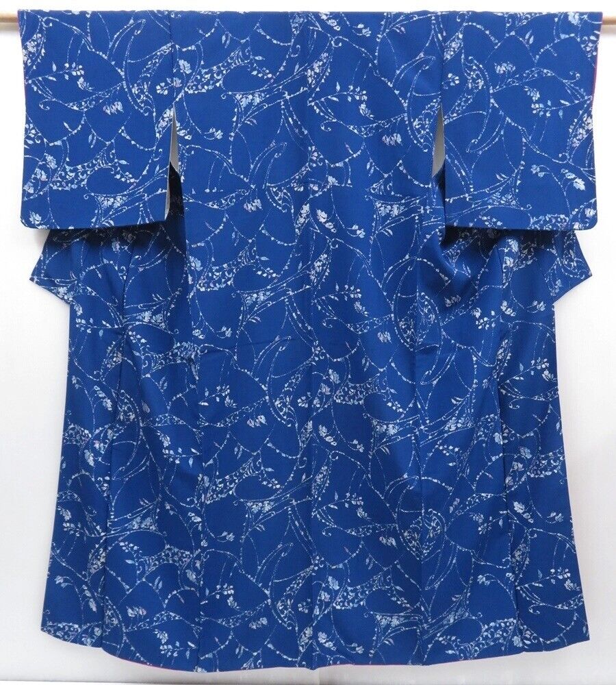 4026T14z760 Vintage Japanese Kimono Silk KOMON Flower Oriental blue