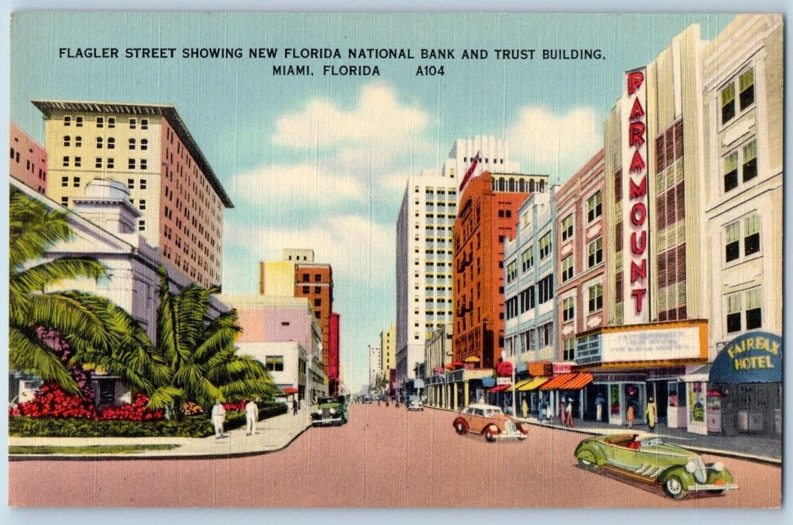 Miami Florida Postcard National Bank Trust Building Road c1940 Vintage Antique
