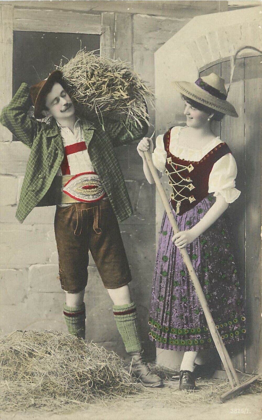 1910 Hand-Colored Postcard Flirty Young Swiss Couple, Roll in the Hay? Posted