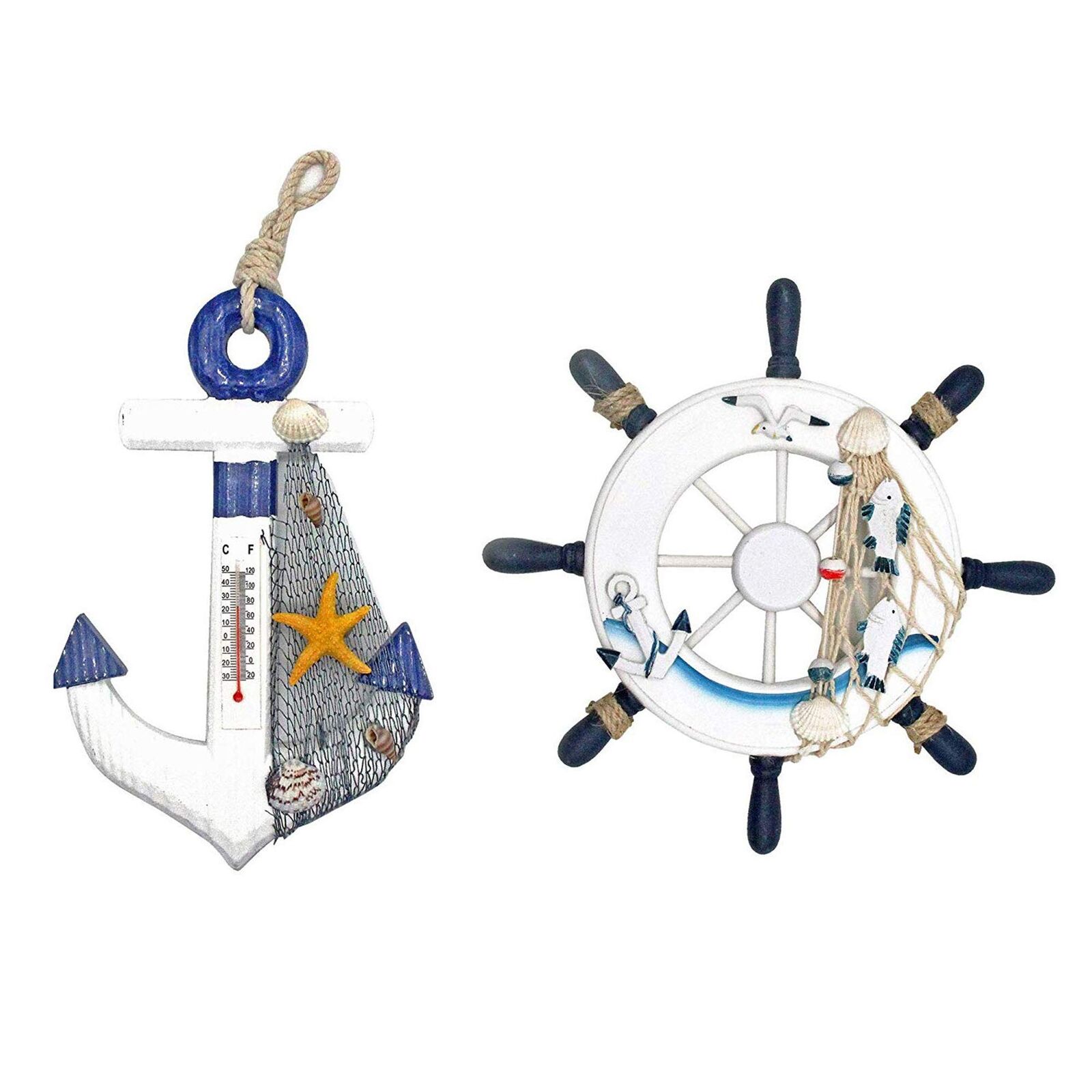 2 Pack Nautical Beach Wooden Ship Wheel And Wood Anchor With Rope Nautical Boat
