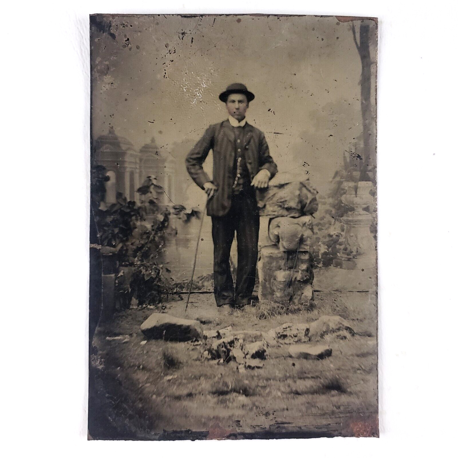 Bowler Hat & Walking Cane Tintype c1870 Antique Handsome Man 1/6 Plate D444