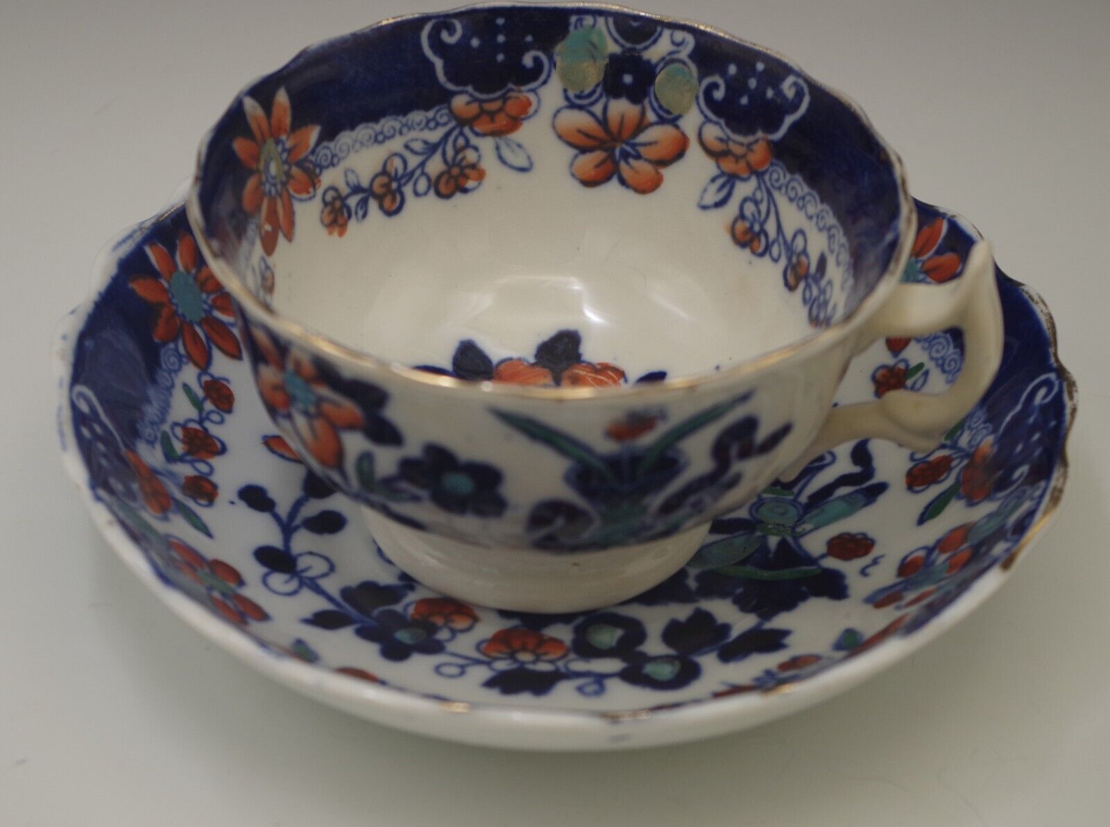 ANTIQUE c.1860 STAFFORDSHIRE COBALT AND RUST CHINOISERIE CUP AND SAUCER SET