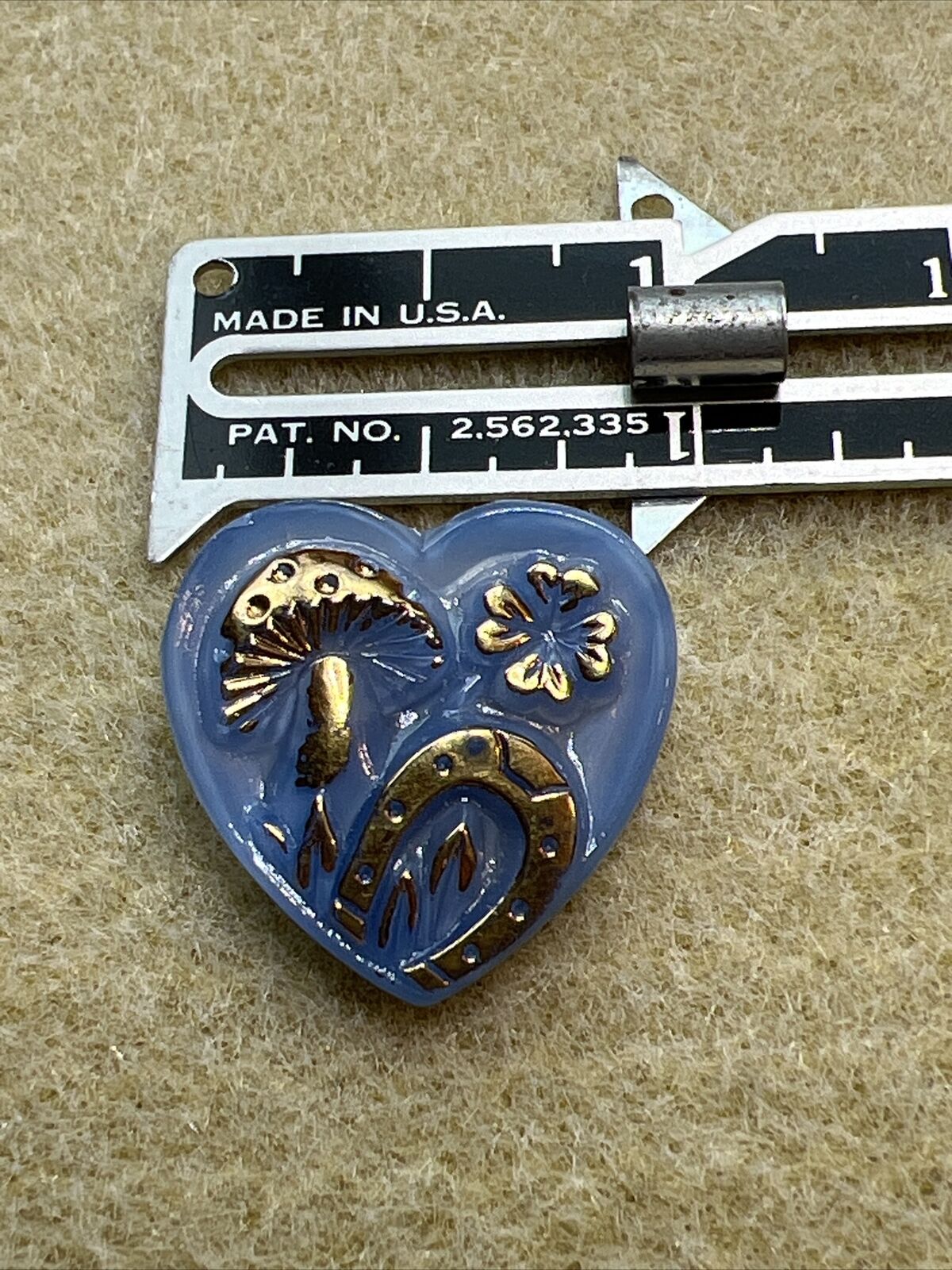 7/8” Vintage Czech Blue Glass Heart Shaped Button With Mushroom And Horseshoe