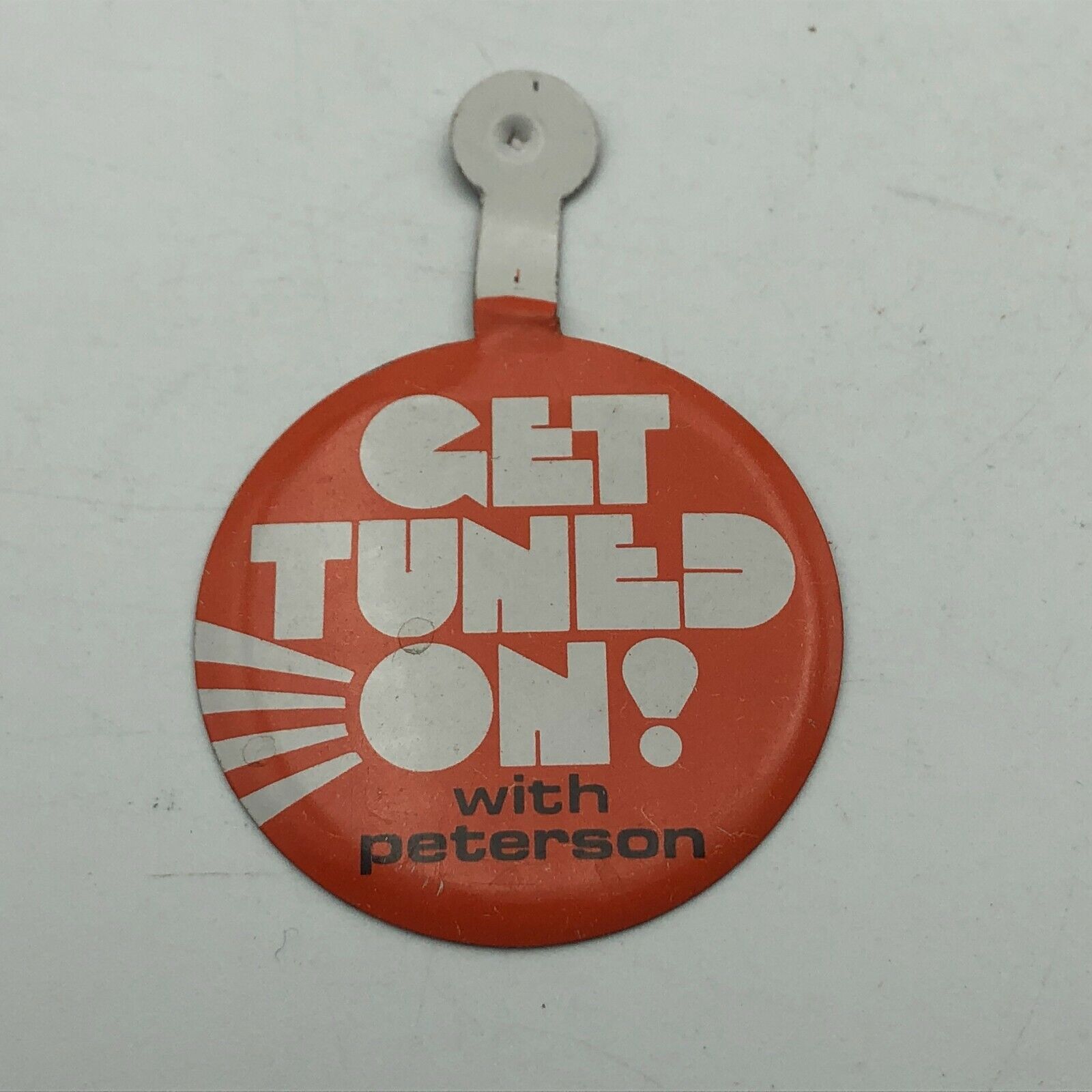 Get Tuned On Fold Over Tab Badge Button w/Peterson Tuners Vintage Advertising