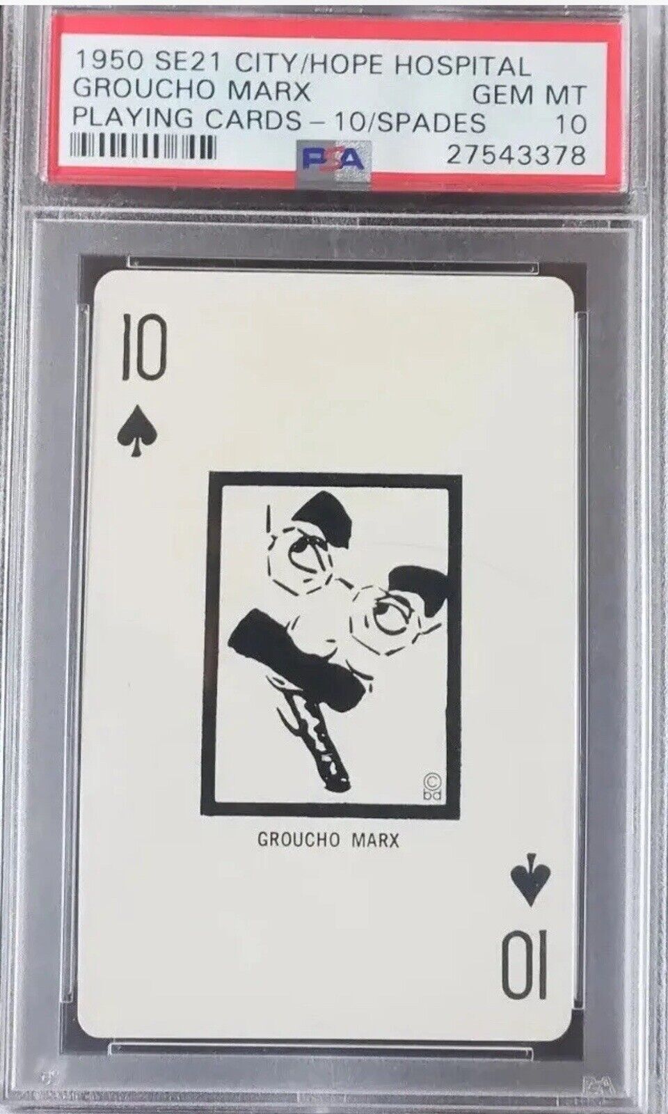 Groucho Marx 1950 SE21 City Of Hope Hospital Playing Cards 10 Of Spades PSA 10