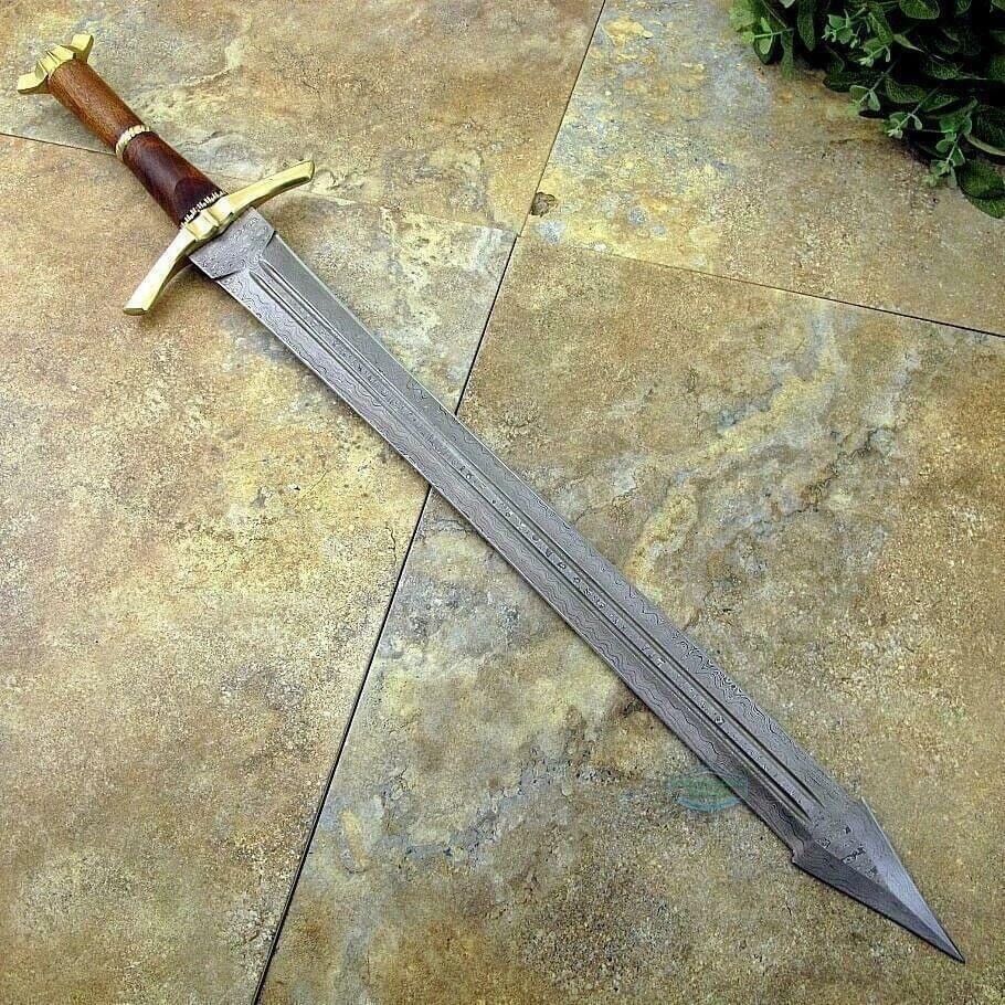 34 Inch Damascus Sword | Handmade Clan Of Titans Sword | Tanto Blade Brass Clip