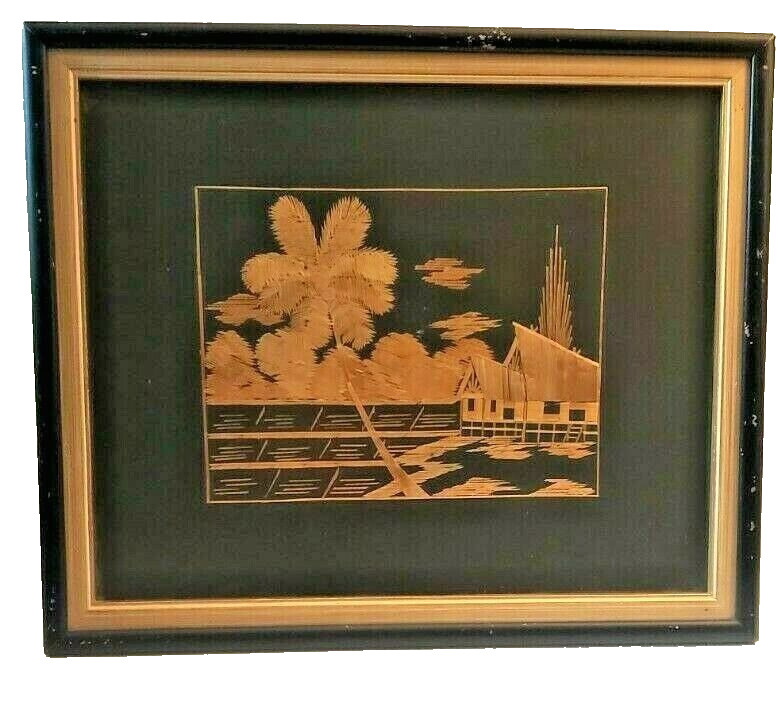 1959 Asian Bamboo Straw Framed Art House In the River Mountains Turner Gallery  