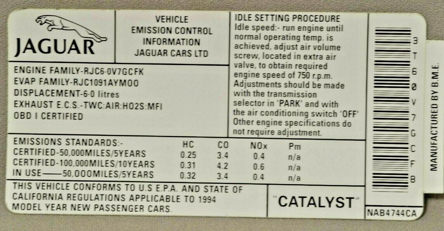 Jaguar 1994 Underhood Emission Sticker. Genuine Jaguar V12  NEW NAB-4744CA