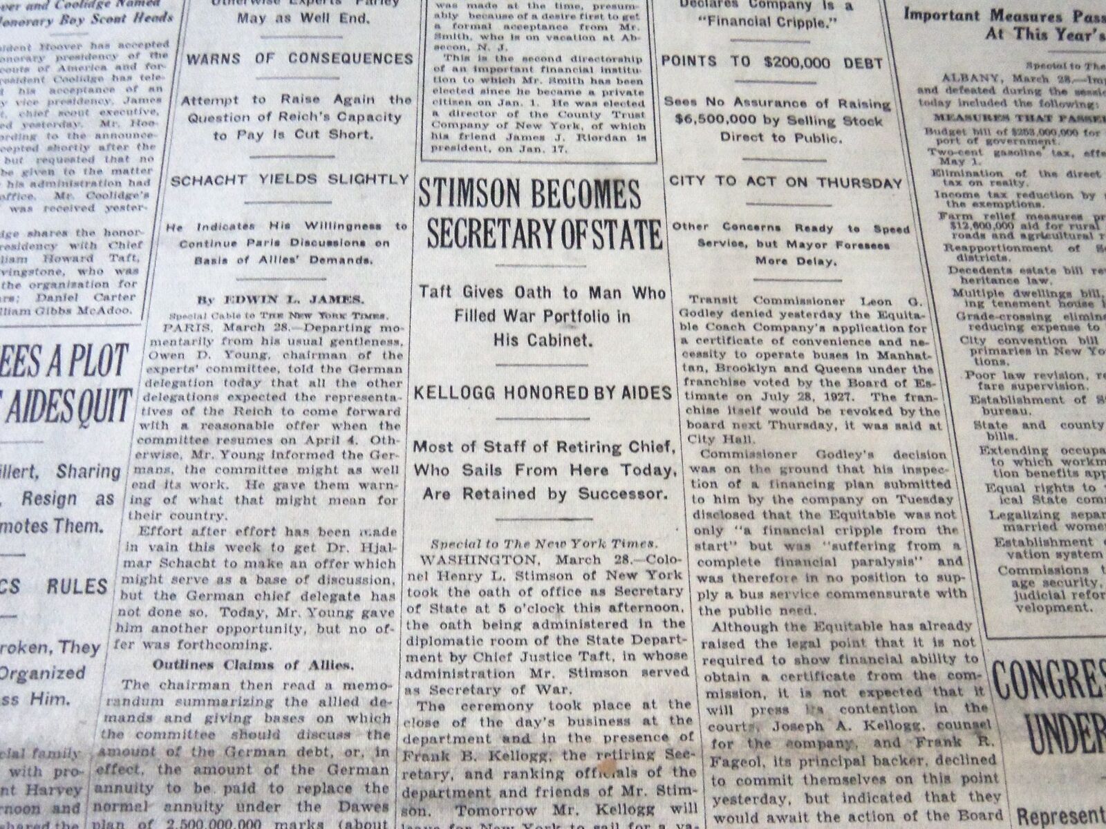 1929 MARCH 29 NEW YORK TIMES - STIMSON BECOMES SECRETARY OF STATE - NT 6629