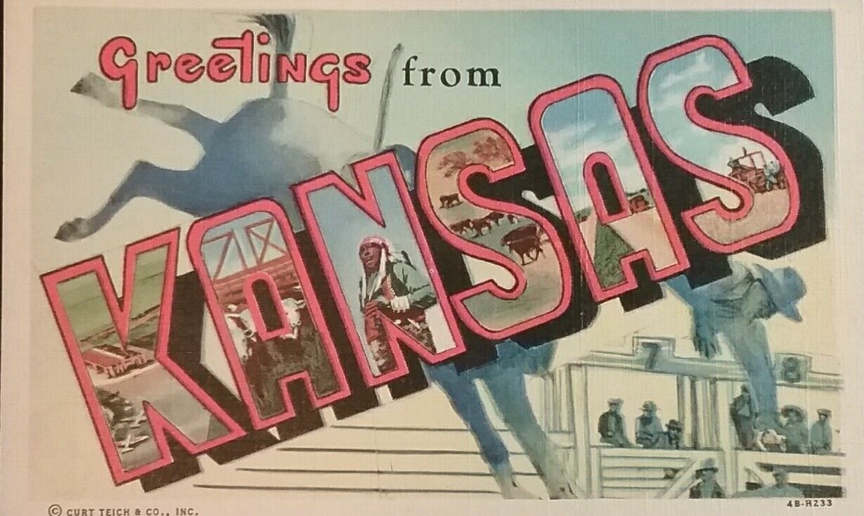 GREETINGS FROM KANSAS Large Big Letter Curt Teich Linen Postcard 1944 Rodeo 