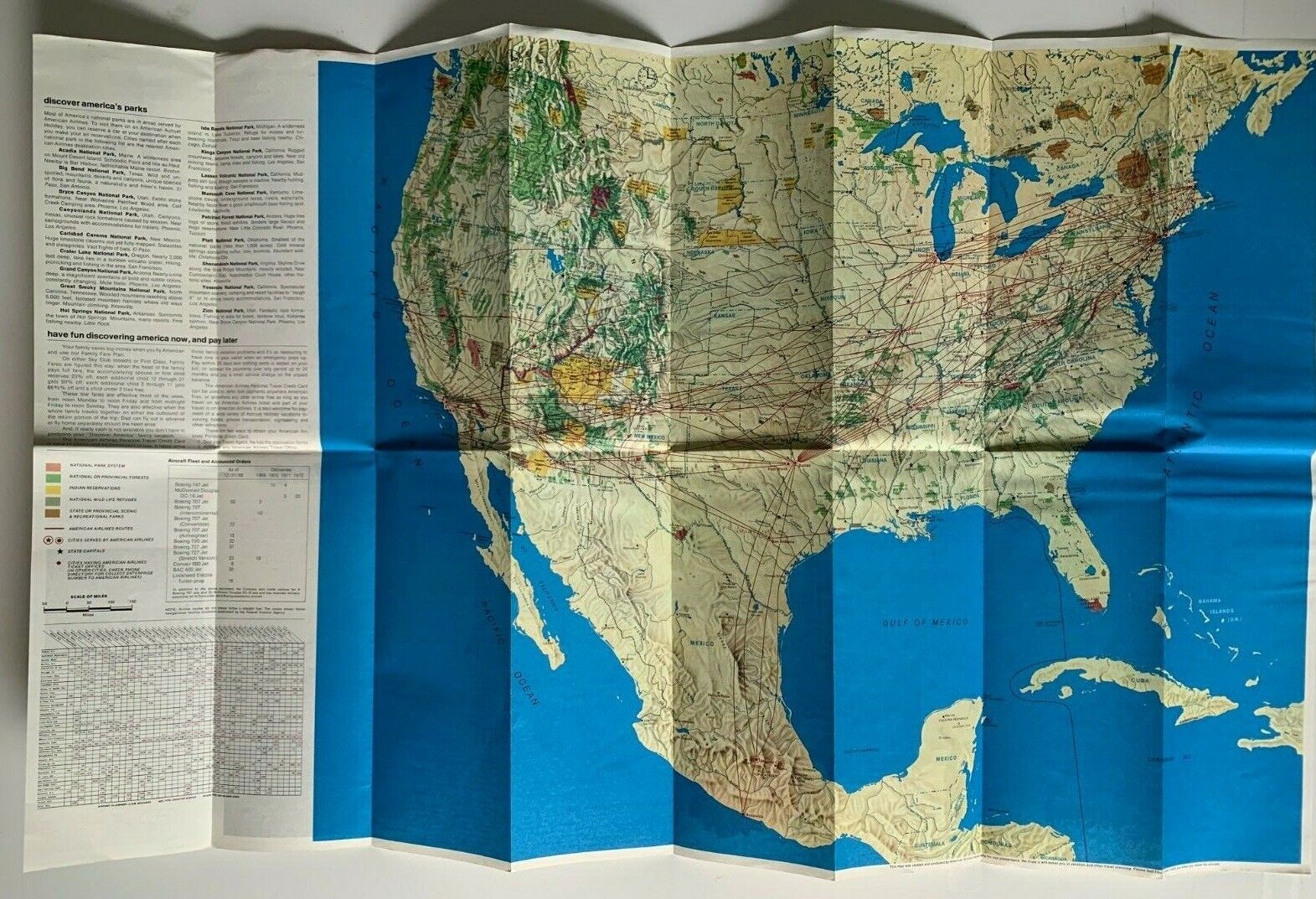 Vintage ca 1969 American Airlines System Route Map large fold-out color illust