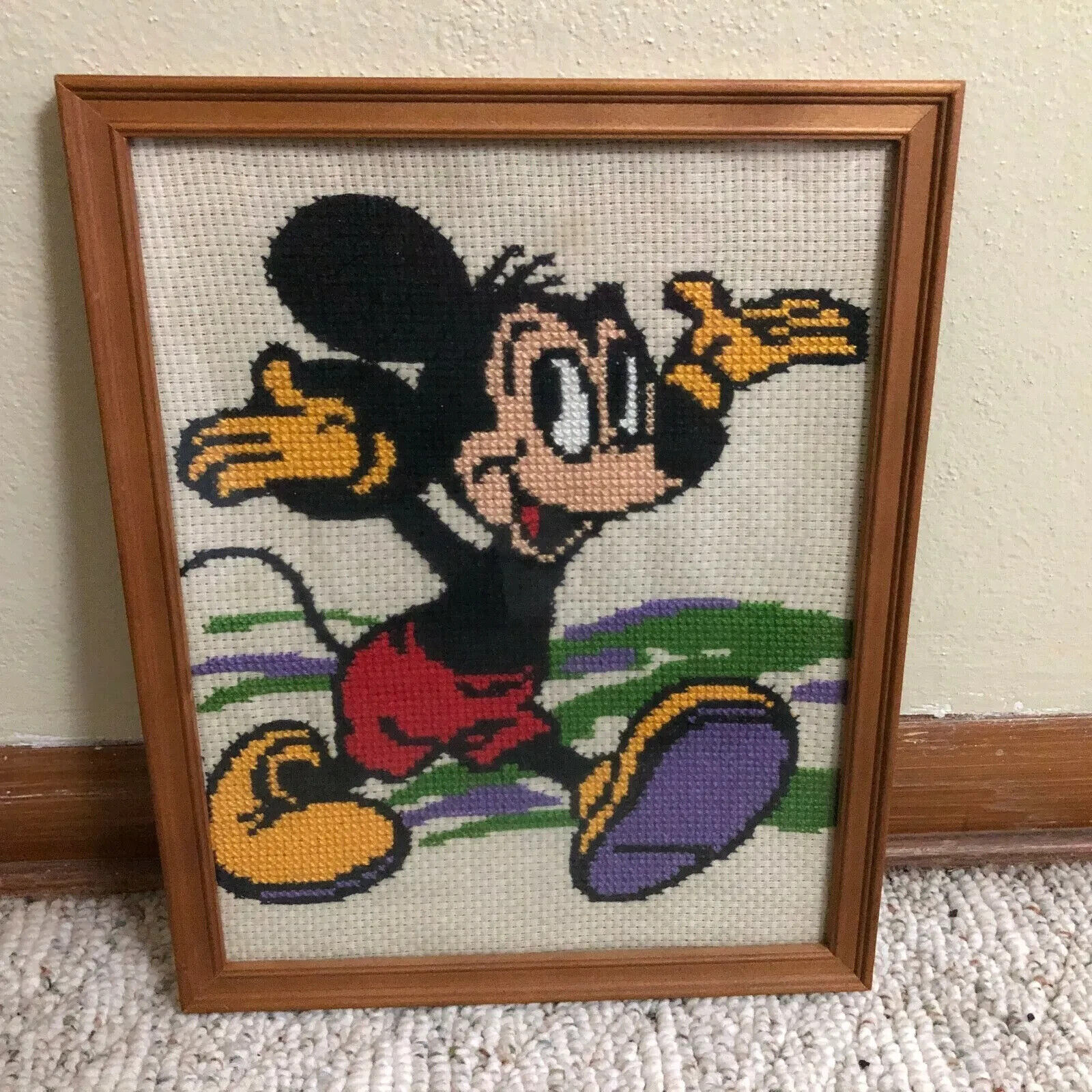 Mickey Mouse Needlepoint Framed Wall Art Colorful Home Made Handmade Vintage