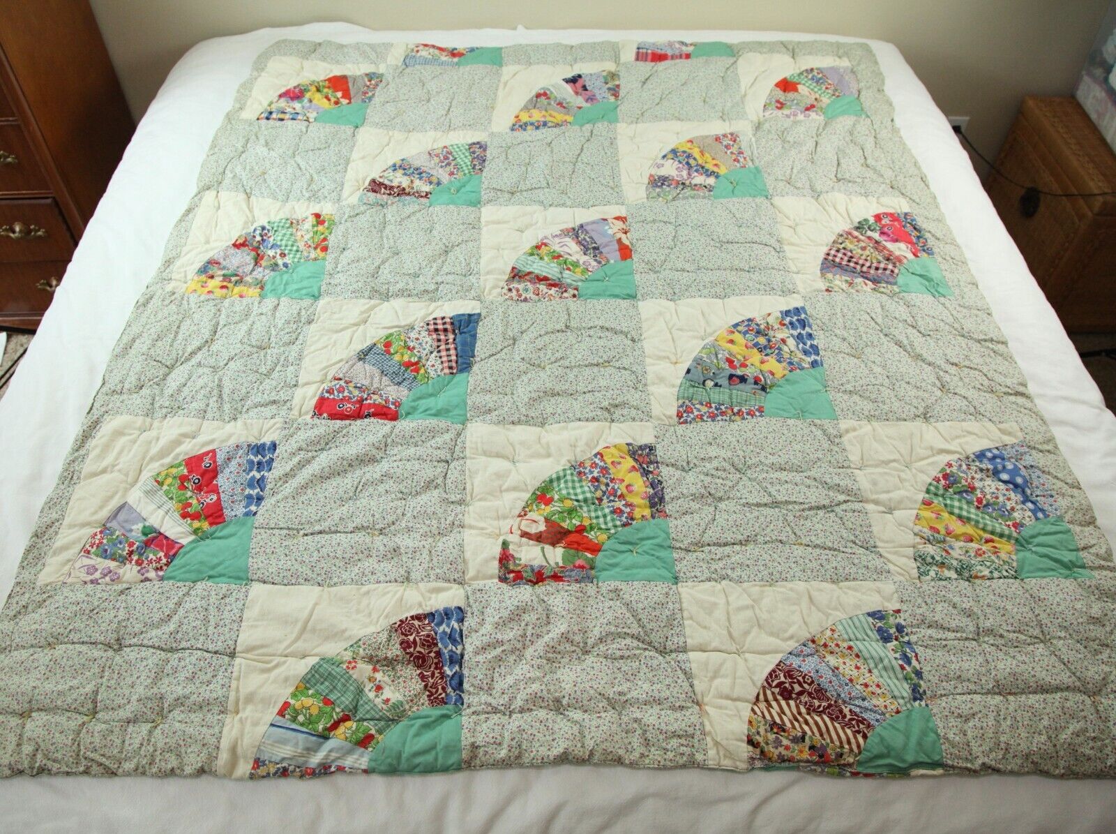 Vintage Hand Tied Fan Quilt Feedsack? Old Early Fruit Prints 62 x 71 THICK