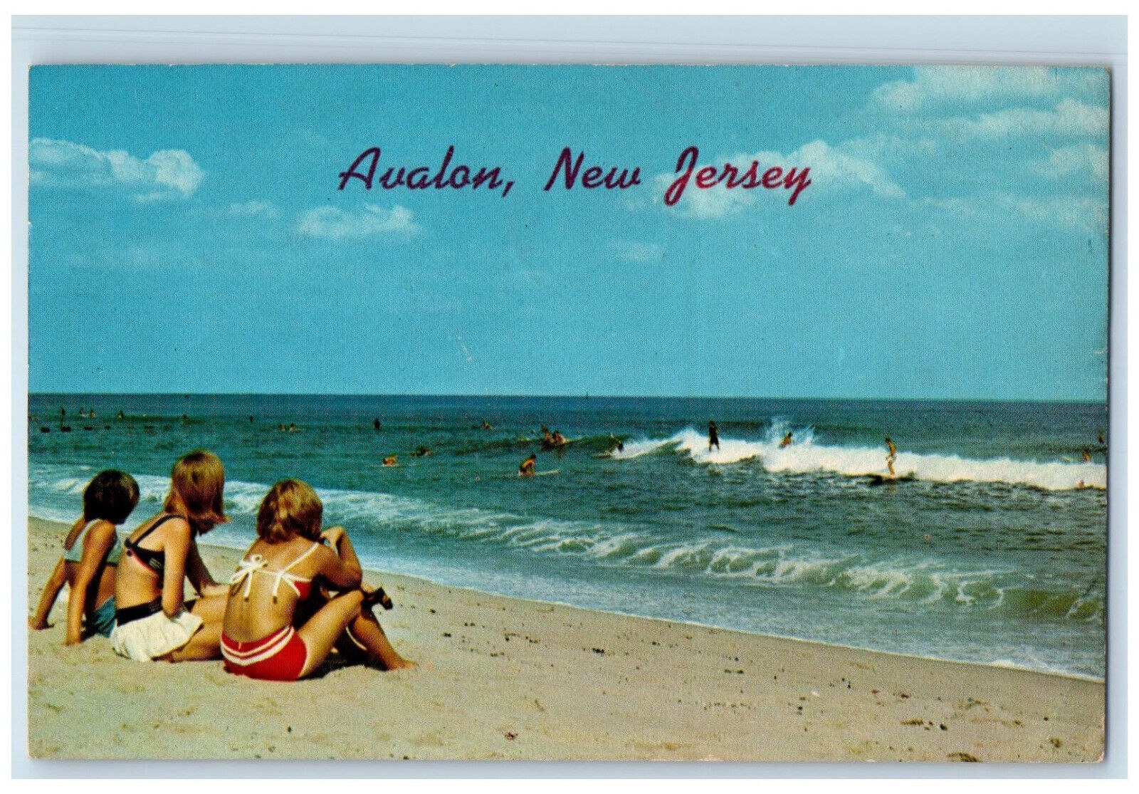 1971 Surfing Wavy Sea Three Girls Viewing Avalon New Jersey NJ Vintage Postcard