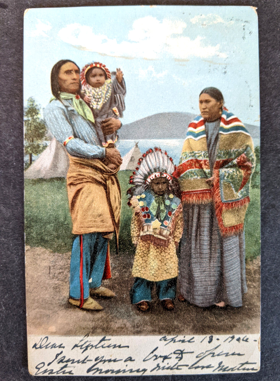 Antique Indian Postcard Native American Family Early Circa 1900 Hand Colored