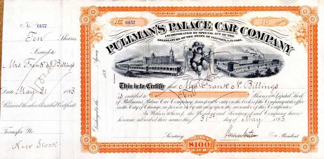 Pullman\'s Palace Car Co. - 1893 dated Stock Certificate - Railroad Stocks