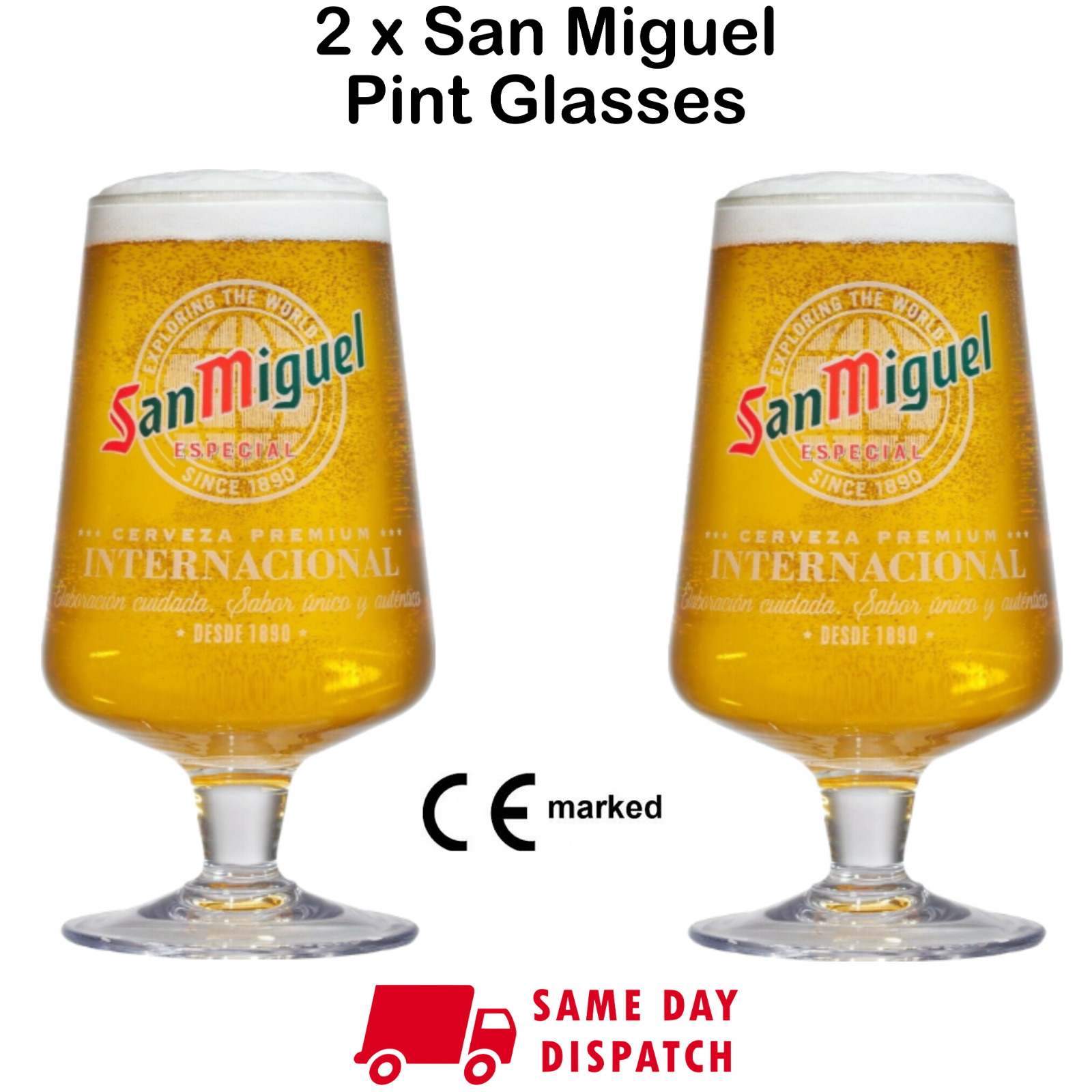 2 x San Miguel Pint Glasses, CE Marked Brand New 20oz 100% Genuine, Nucleated