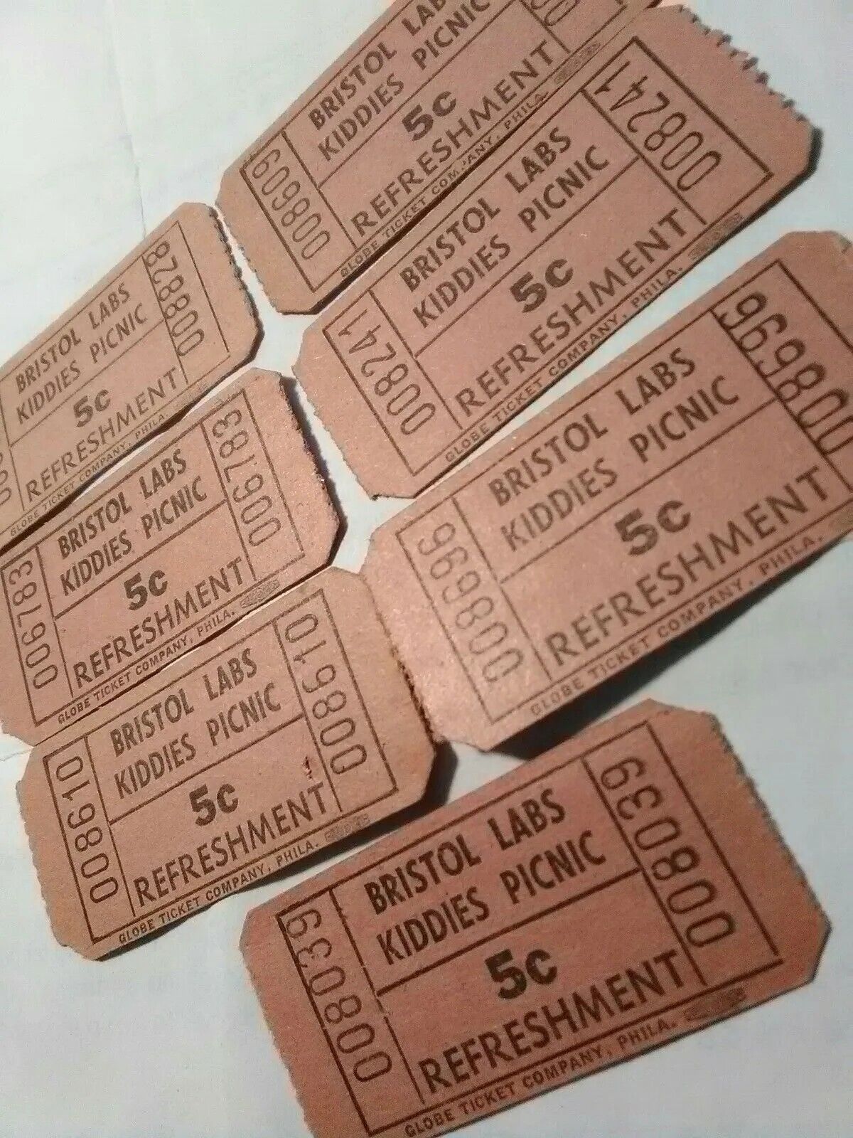 7 Lot Rare Early Vintage Orig Bristol Labs 5¢ Kiddies Picnic Refreshment Tickets