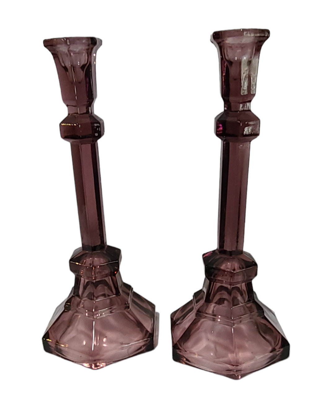 Vintage Pair Purple Pressed Glass Candlesticks 10\'\' High