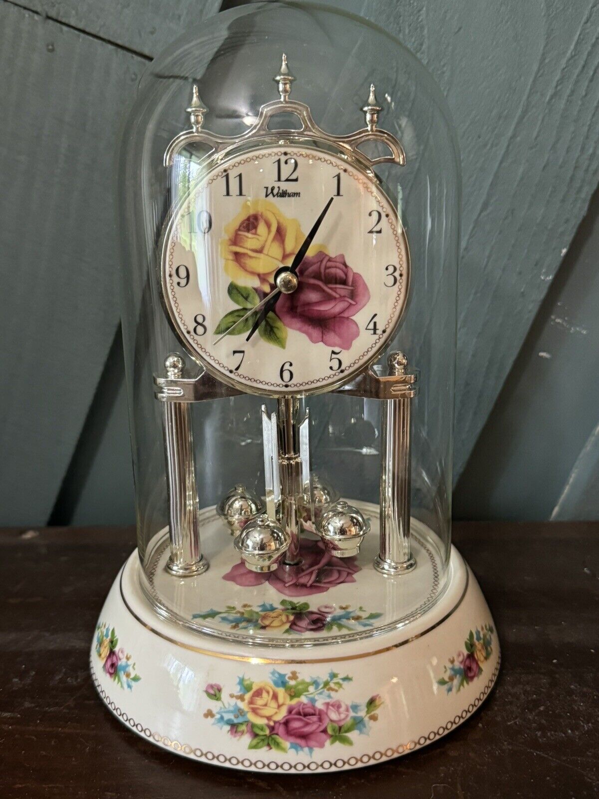 Waltham Roses Westminster Chime Grandma Core Clock Porcelain Base Glass Dome