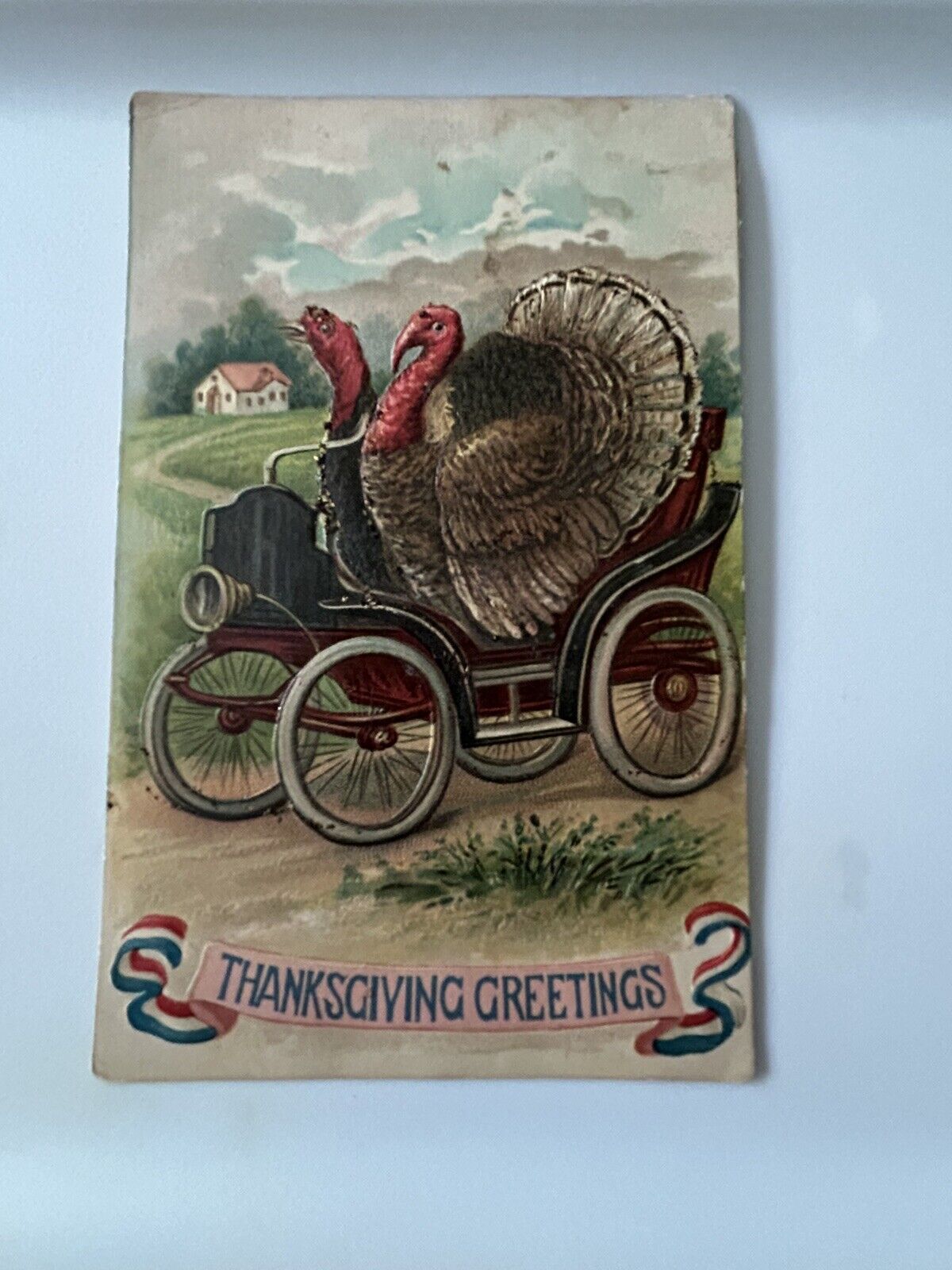 Antique ASB Embossed Postcard Thanksgiving ~ Germany ~ Turkey Driving Car Mica