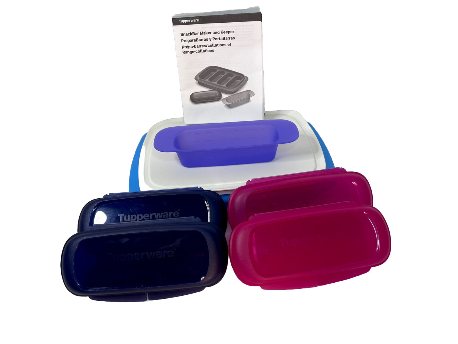 Tupperware Granola Bar Snack Press SnackBar Maker Blue & Purple + 4 Containers