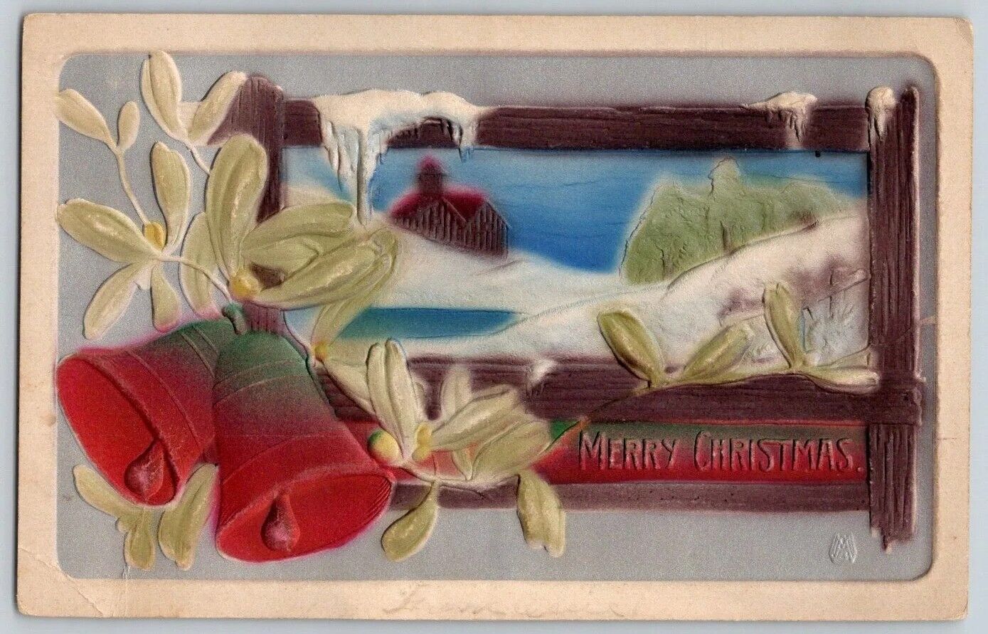 Vibrant Airbrushed Heavily Embossed Postcard~ Mistletoe, Bells, & Winter Scene