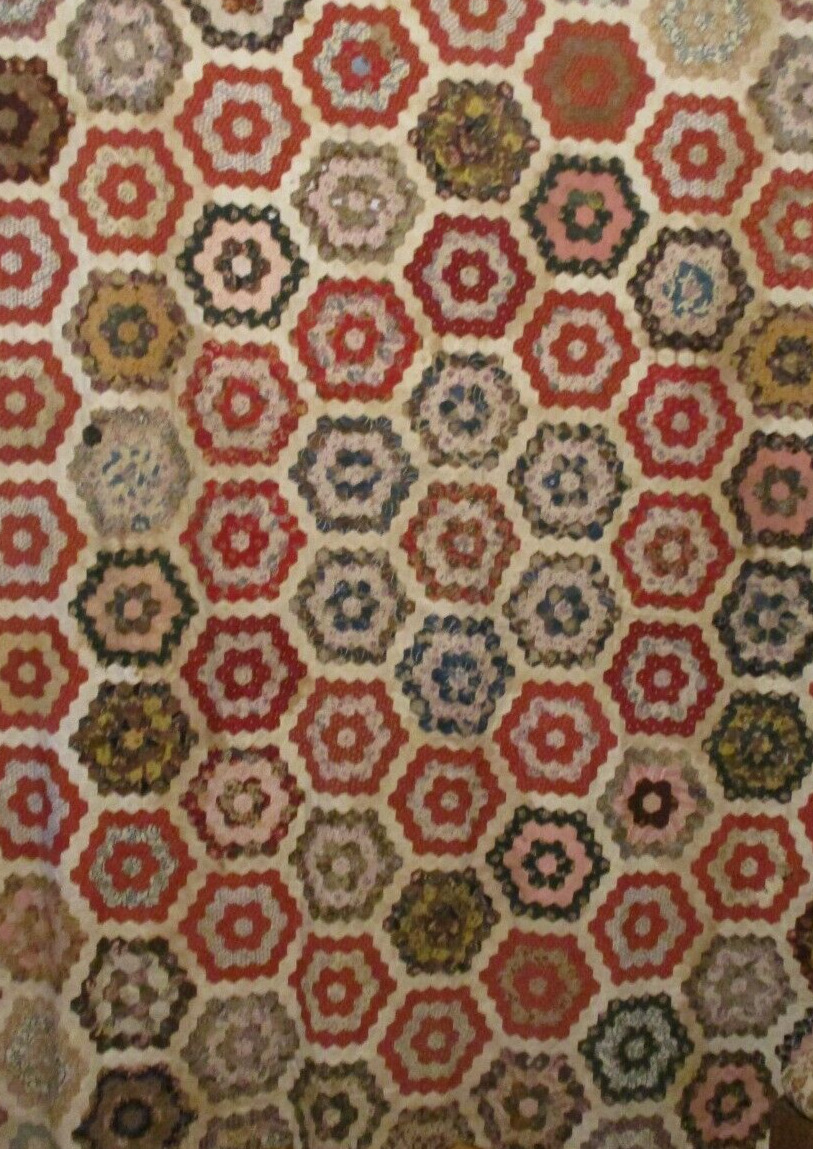 Antique Quilt Top Hexagon Mosaic c1850s era Large English Paper Pieced