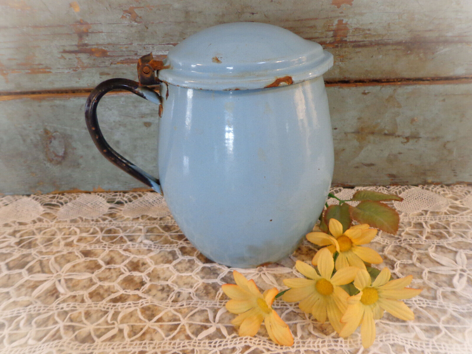vintage blue enamelware coffee pot kettle farmhouse kitchen decor