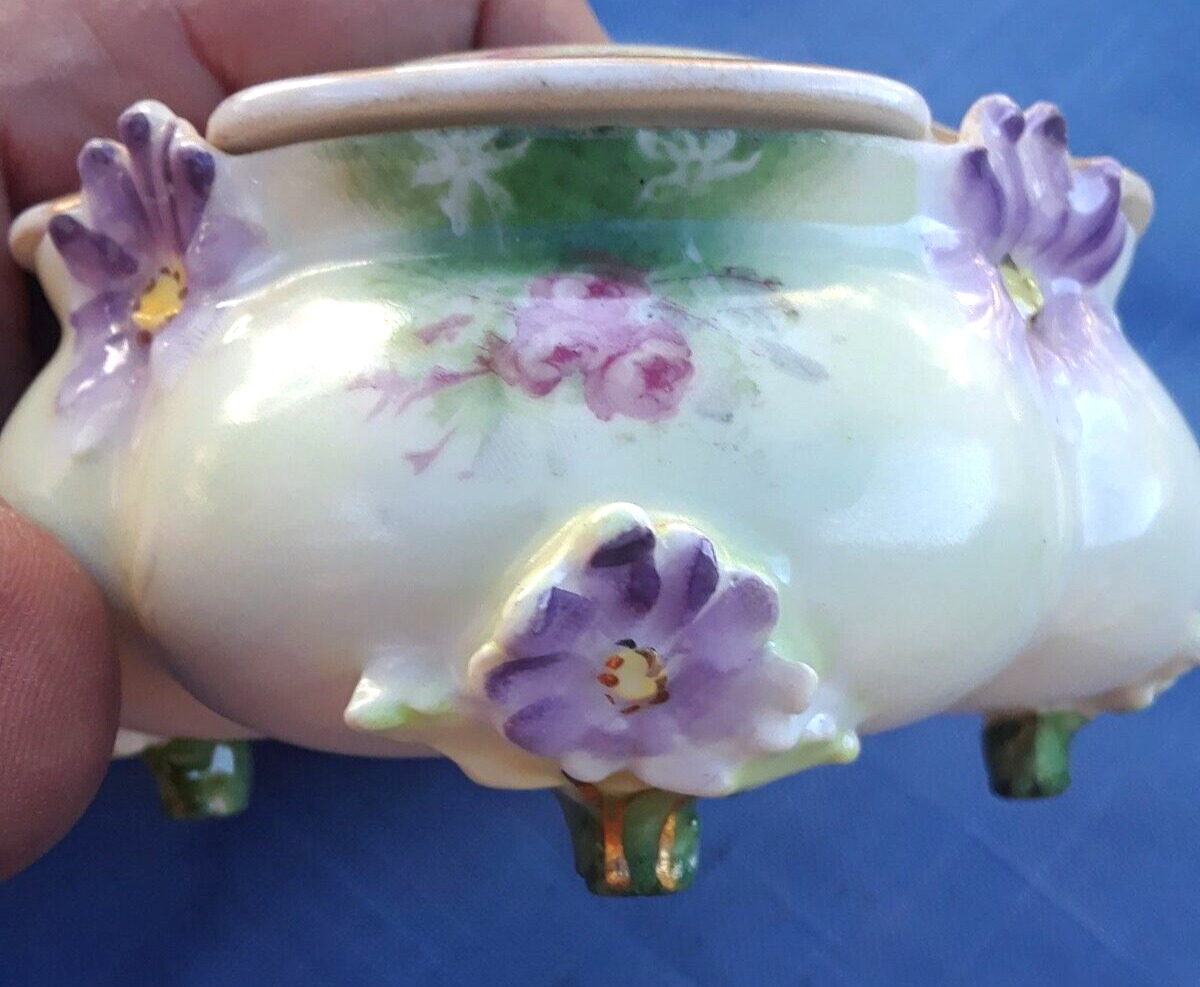 RS Prussia Raised Purple Flowers 4 Footed Porcelain Hair Receiver Early Red Mark