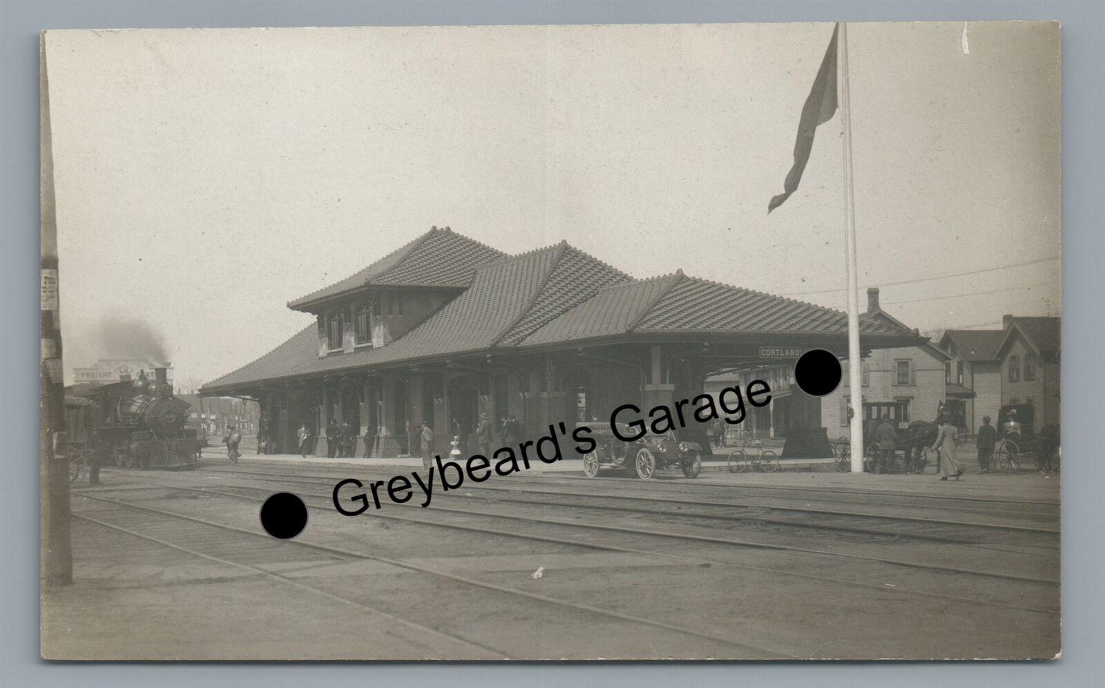 RPPC Railroad Train Station Depot CORTLAND NY New York Real Photo Postcard
