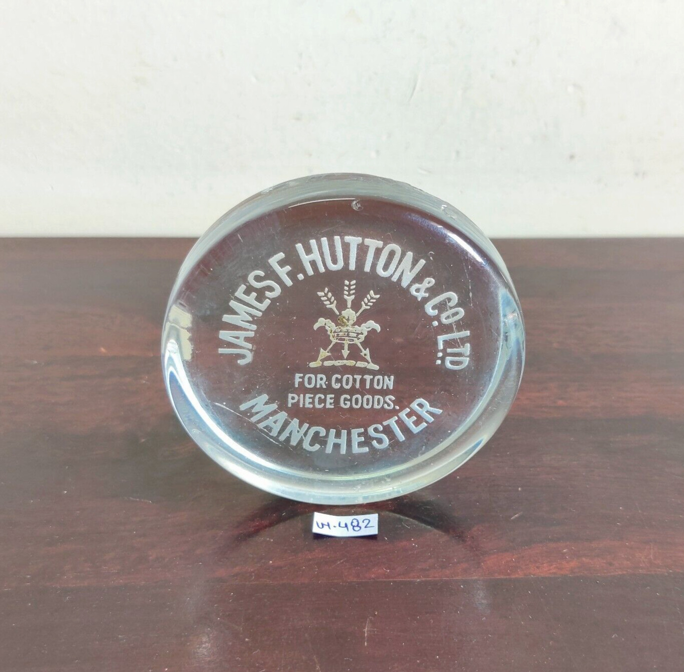 Vintage James F Hutton & Manchester Advertising Glass Paperweight Props G482