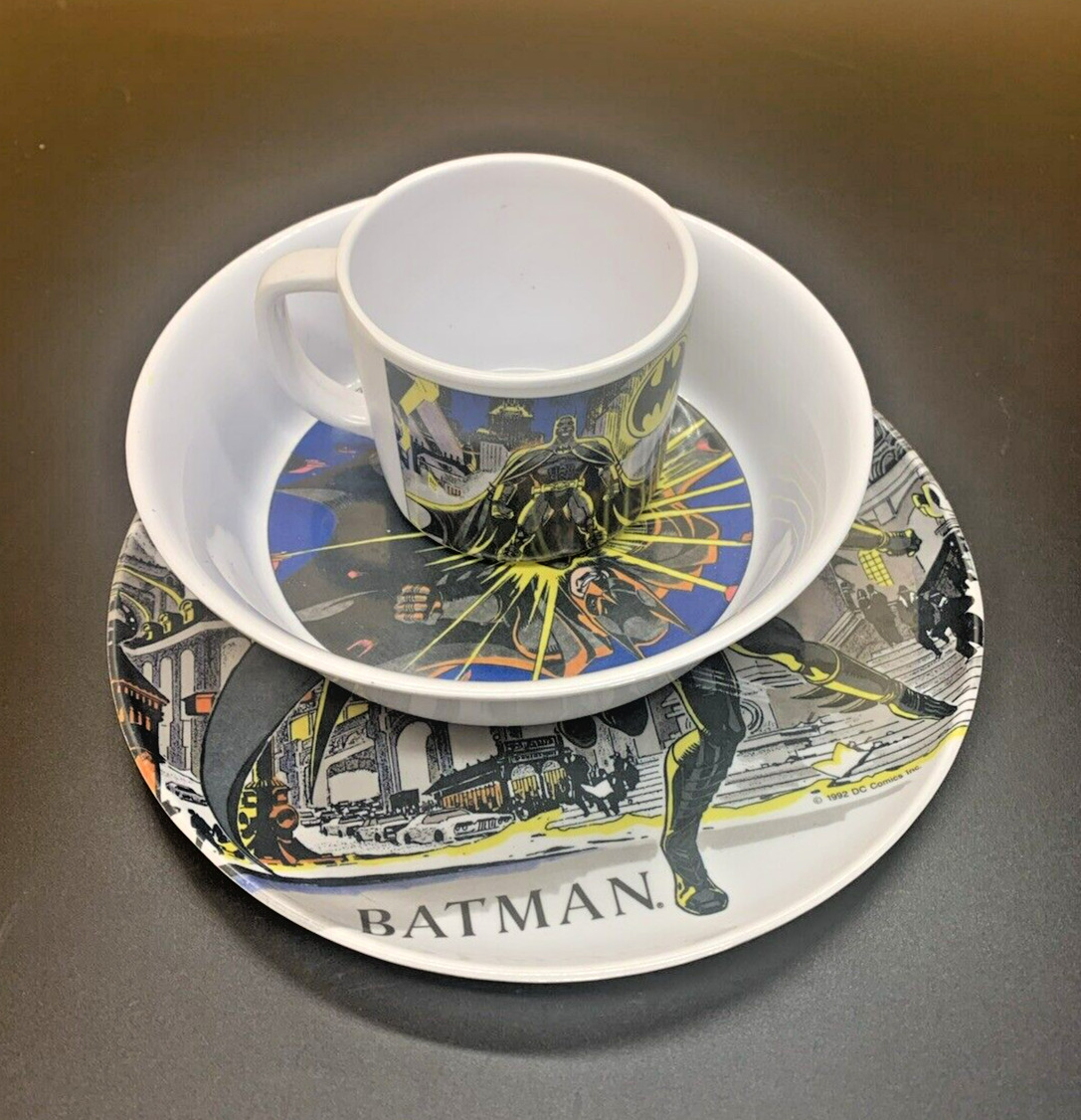 Batman 1991 Vintage 3pc Dinnerware Set: Cup Bowl Plate